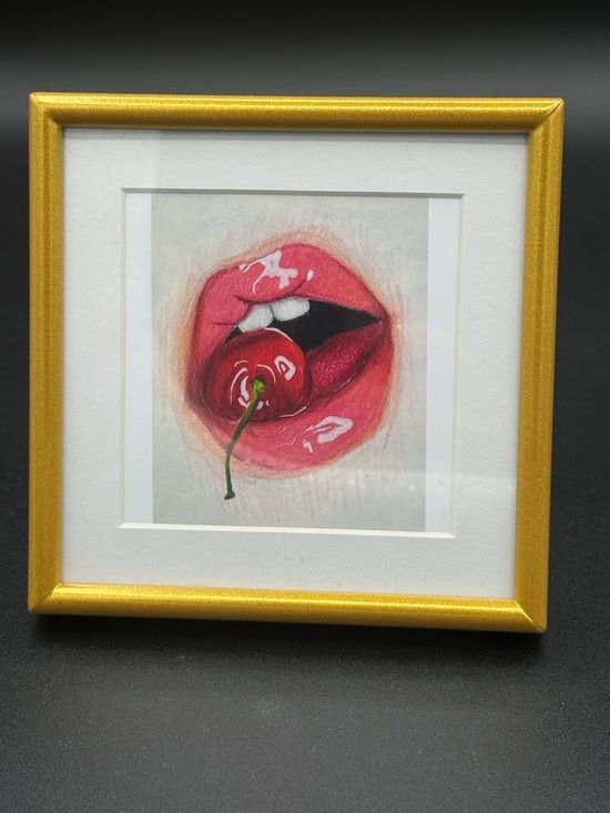 Other - NWOT, 4”x4”, Small Gold Framed Unique Cherry Lips Art - Home Art, New